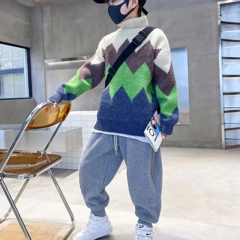 

2025 Autumn Kids' Korean Style Turtleneck Pullover Sweater Boys' Warmth & Comfort Knitwear, Breathable Cotton Blend for School