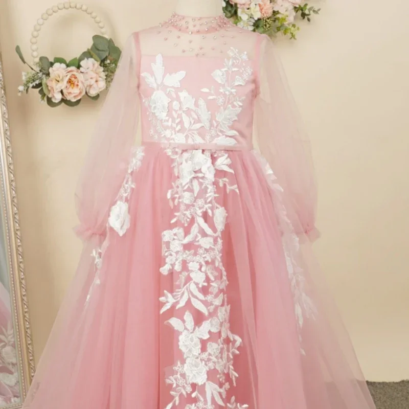 

Pink Flower Girl Dresses Lace Puffy Transparent Long Sleeve Cute Girl Birthday Princess Dress Wedding Party First Communion Gown