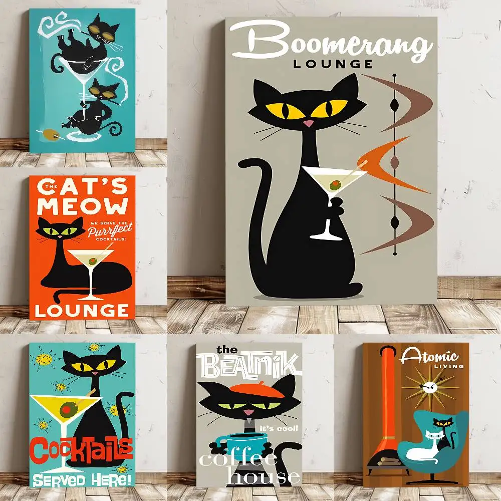 Mid Century Black Cat Poster High Quality Print Waterproof Wall Art Sticker For Bar Living Room Decor Gift
