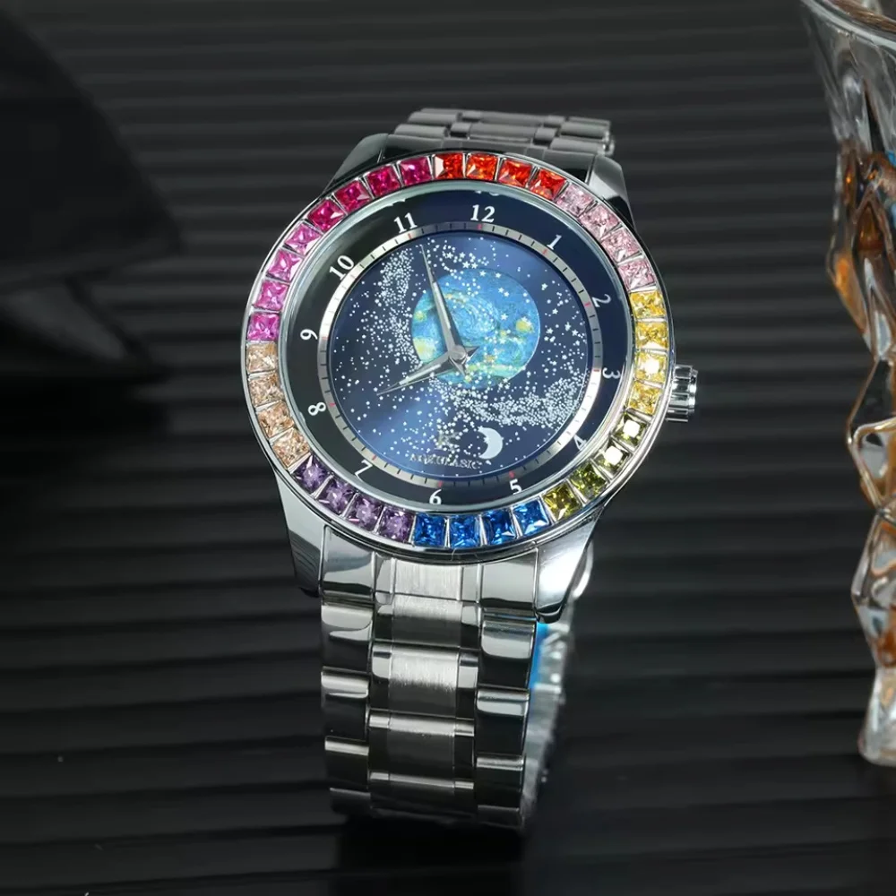

Высококачественные, легкие роскошные деловые мужские механические часы с автоматическим заводом, круглый циферблат звездного неба, дизайн скелета, европейский и американский стиль, роскошные, модные, повседневные, универсальные, стильные и красивые мужски