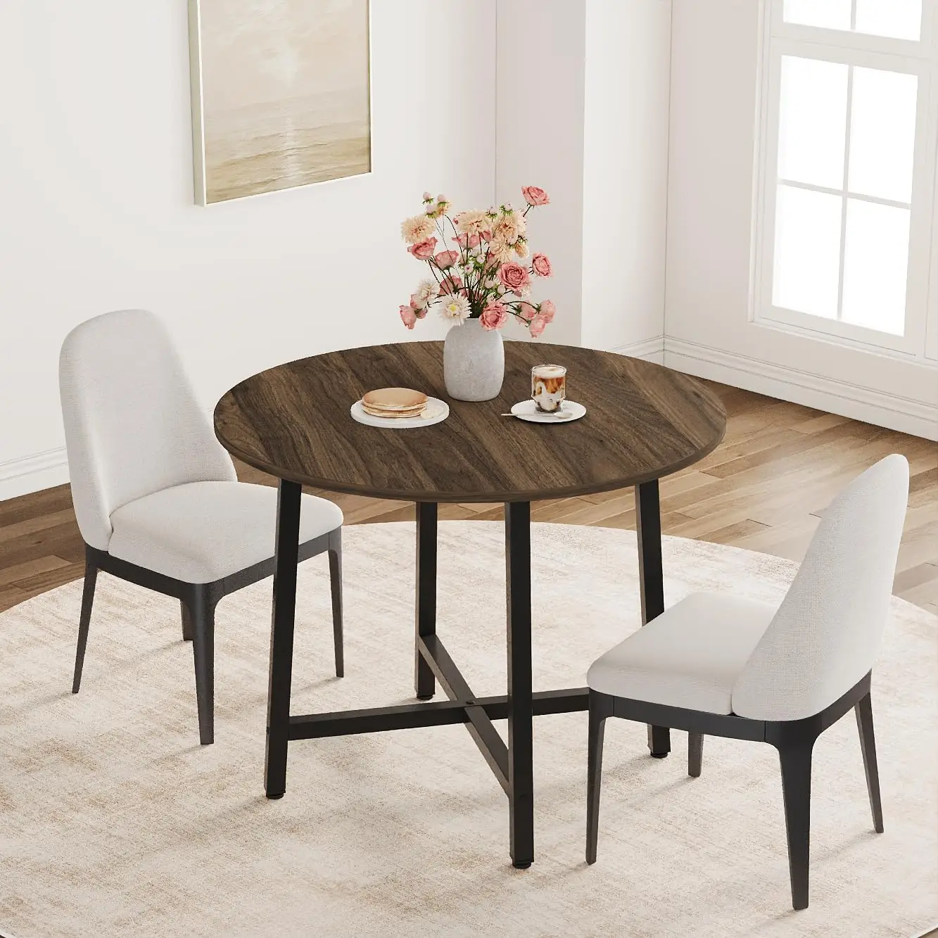 GarveeLife Round Dining Table for 4-6, 47 in Industrial Farmhouse Wood Kitchen Table - Sturdy Metal Frame - Rustic Brown Finish - Table Only, Black Walnut Brown