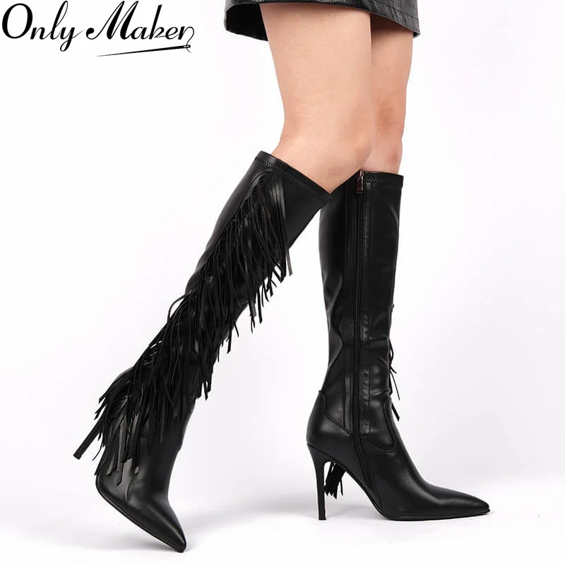 

Onlymaker Women Pointed Side Fringe Zipper Stiletto Stretch Knee-high Boots Dressy Fashion Sexy Party Winter Boots