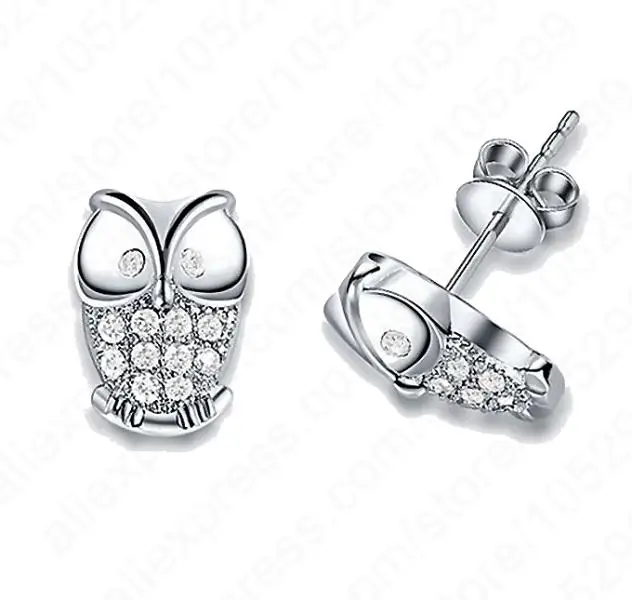 New Fashion 925 Sterling Silver Mini Animal Owl Jewelry Shiny CZ Crystal Woman Stud Earrings Girls Birthday Gift Ear Studs