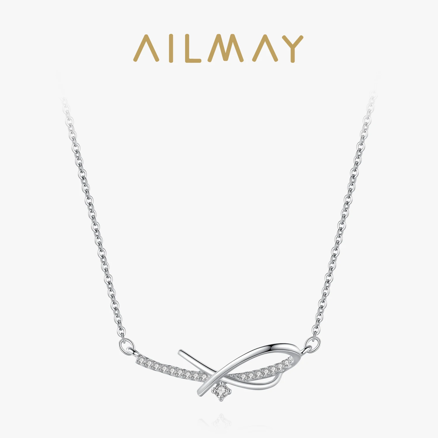 Ailmay 925 Sterling Silver Simple Fashionc Shining CZ Geometric Design Pendant Necklace For Women Wedding Engagement Jewelry