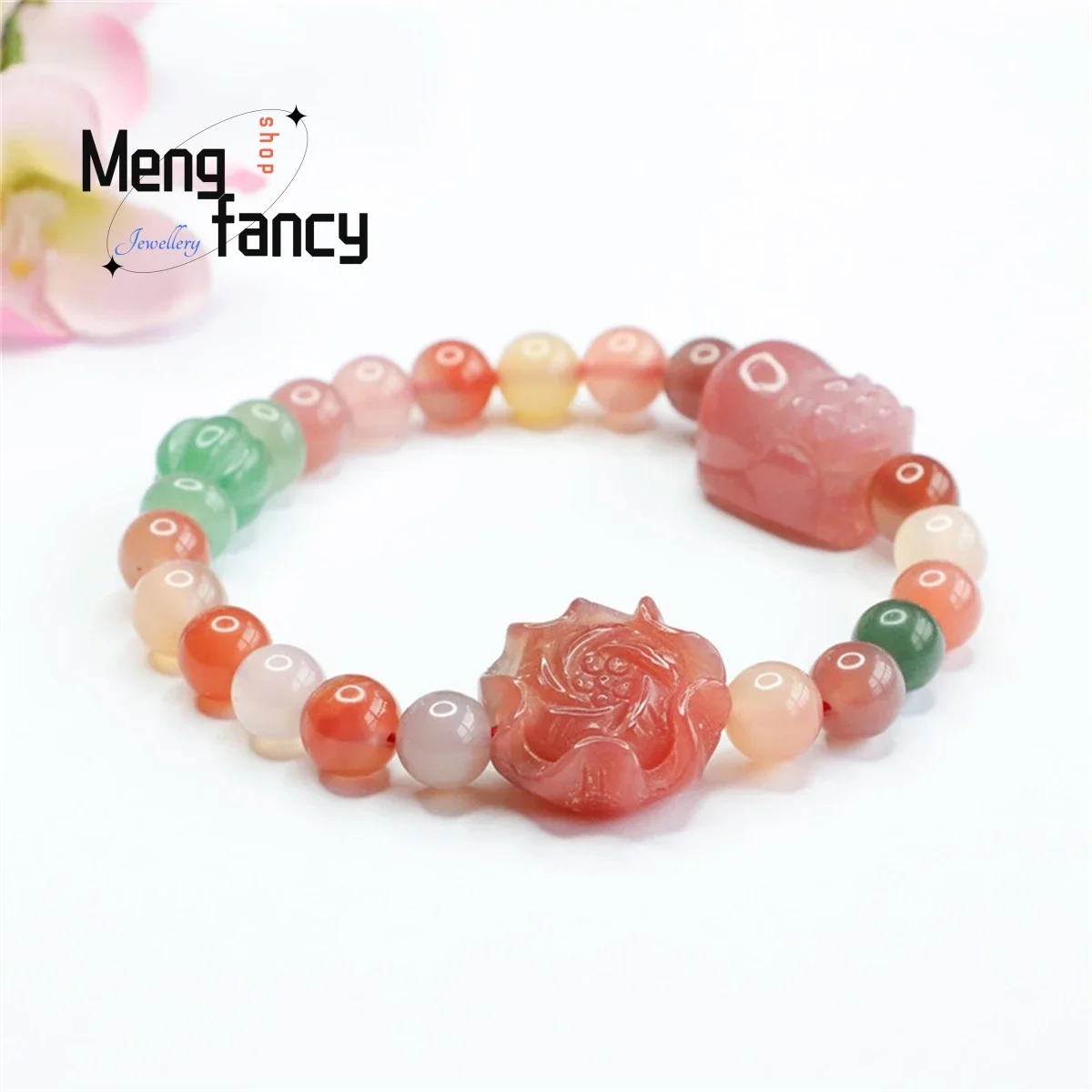 Natural Yanyuan Agate Pixiu Peony Flower Beads Bracelet Simple Generous Personality Fashion Versatile Women Luxury Fine Jewelry