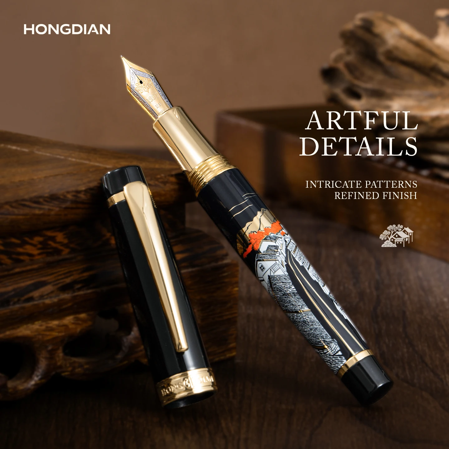 LT Hongdian Chinese Maki-e Calligraphy Art Pen Flex Nib Vintage Design Engravable Gift Box for Business Student Writing 1837