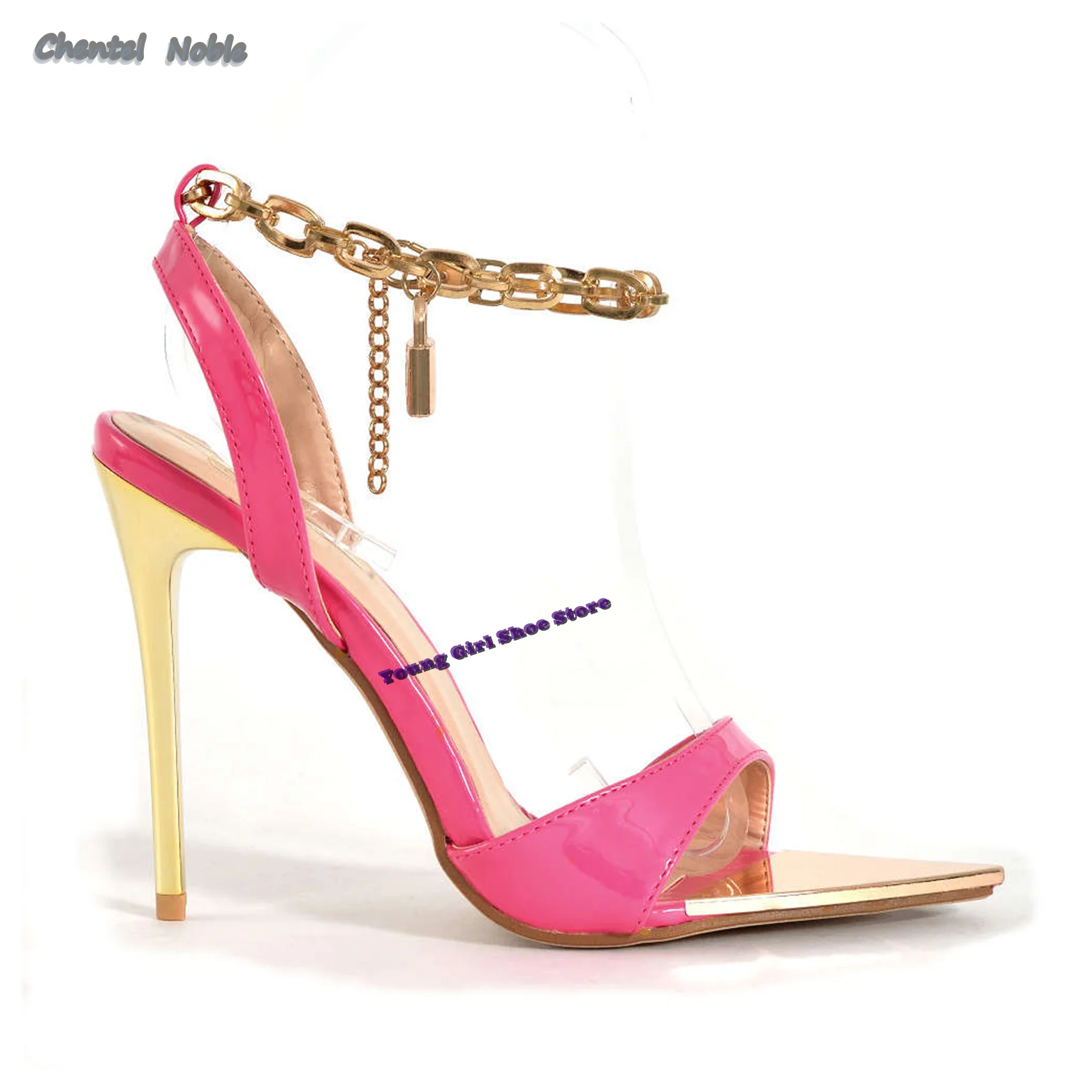 Sandali con punta aperta a punta a specchio in pelle verniciata rosa Slingback caviglia lucchetto a catena in oro tacchi alti sottili donna tacchi a