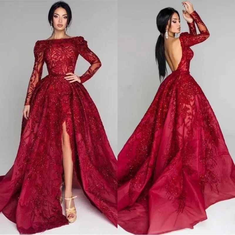 customi2024 Sparkly Sequins Lace Long Sleeve Prom Dresses Backless Sweep Train Evening Party Red Carpet Gowns Vestidos De Fiesta