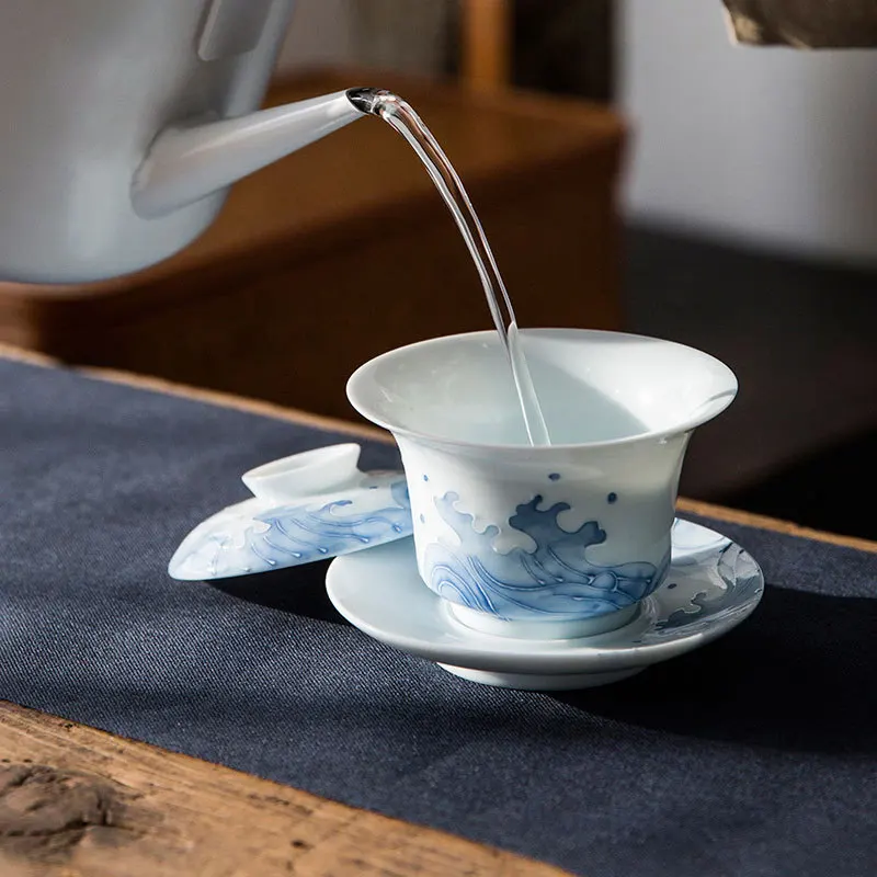 Pure Hand-painted Pile Carving Waves Three Cover Bowl Teacup Ceramic Kung Fu Tea Set Tea Infuser Household Hand Grasp Tea Bowl