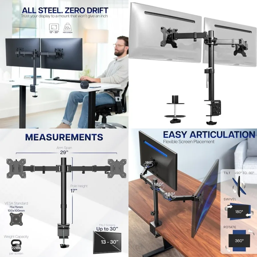 Dual Monitor Desk Mount, Holds 2 Computer Screens up to 30 Inch and 22lbs Each, Heavy Duty Fully Adjustable Steel Stand with C-