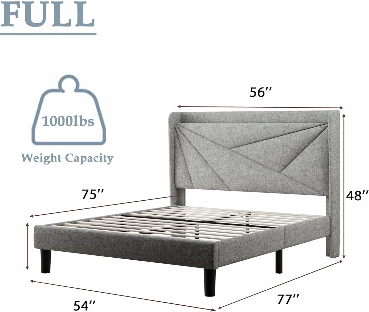 Bed Frame with Type-C & USB Ports, Upholstered Platform Bed Frame with Wingback Storage Headboard, Solid Wood Slats Support