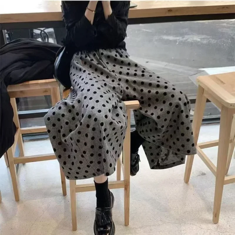 

Women's Grey Polka Dot Wide Leg Pants-High Waist Loose Fit Vintage capri pants Fashion Casual Niche Streetwear for Spring Autumn