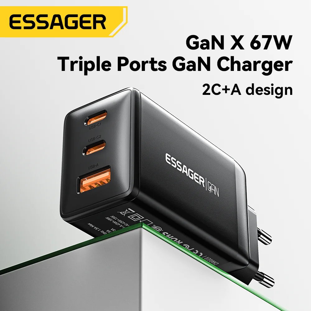 Essager 65W GaN USB C 충전기 PD QC 4.0 3.0 C타입 급속 충전, 삼성 아이폰 1514 13 프로 폰 맥북 노트북 고속 충전기