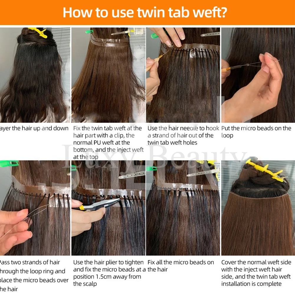 Balayge Doppio foro iniettato Trama Estensioni dei capelli umani Dritto Doppia linguetta Trama Capelli Naturale Nero Marrone Trama invisibile del foro XO