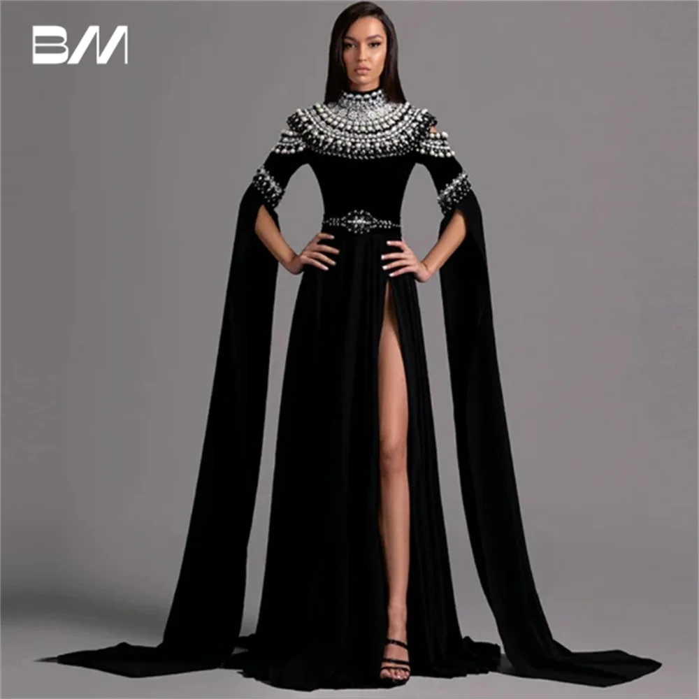 

Luxury Crystals Embellished Evening Dresses For Women Pearl High Neck Cape Long Sleeves Prom Gown Sexy High Side Slit Party Gown