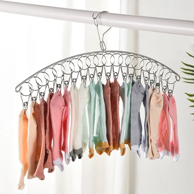 Stainless Steel Clothes Drying Hanger with 20 Pegs & Clips for Socks Underwear