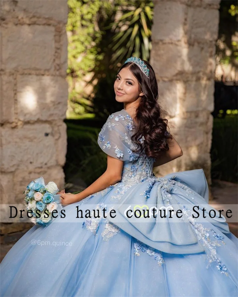 Sky Blue Lace 3D Flower Appliques Quinceanera Dresses 2024 With Butterfly Bow Ball Gowns Tulle Princess Sweet 16 Dress Lace up