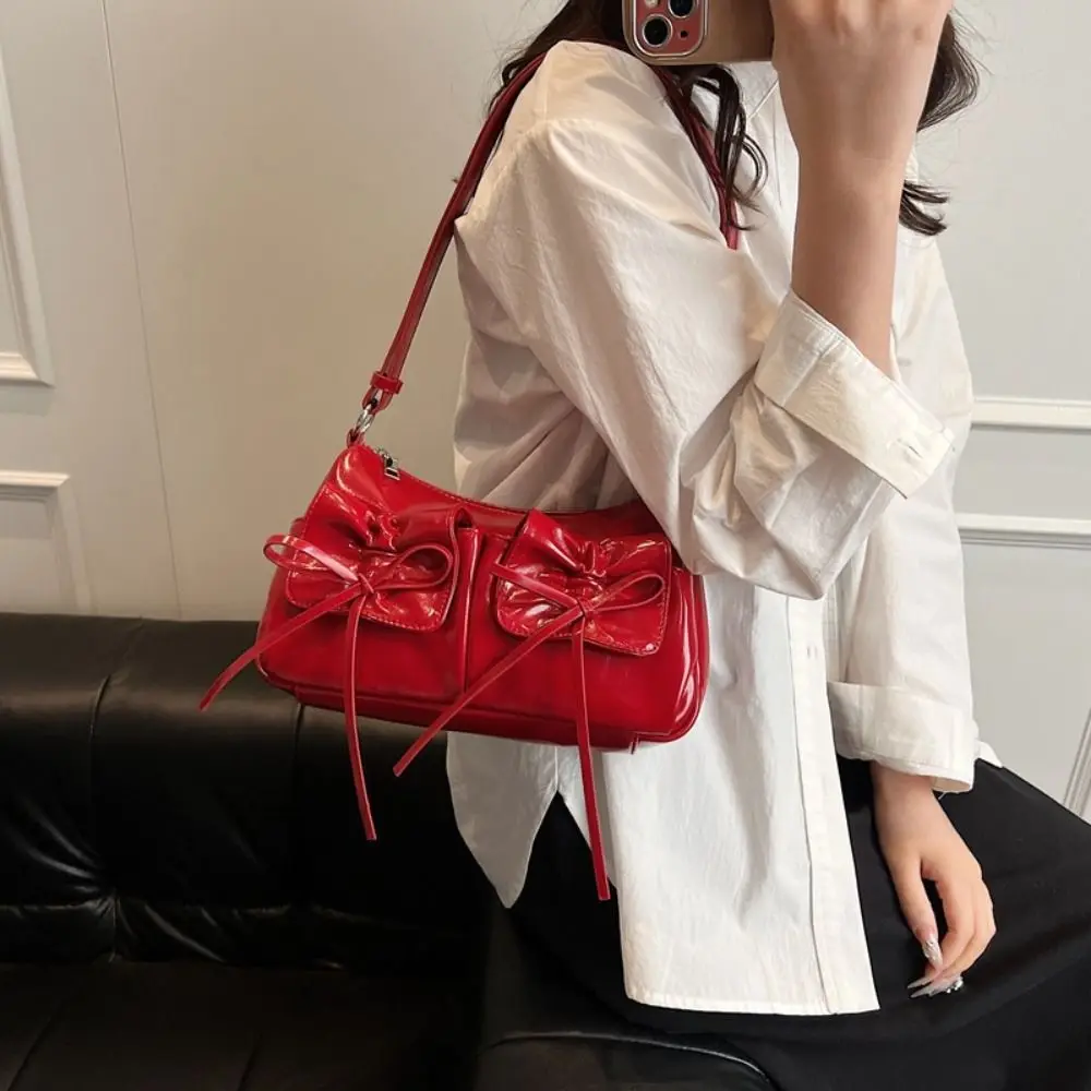 

New Bow Underarm Shoulder Bag Solid Color Large Capacity Tote Bag PU Leather Zipper Handbags and Purses