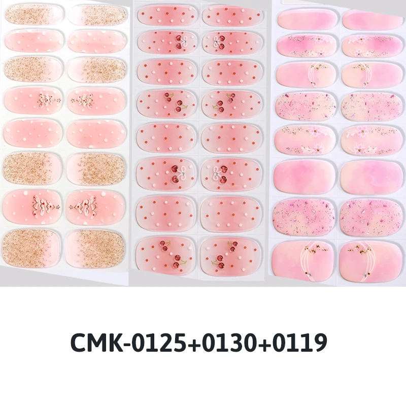 3Sheets Nail Strips Pink Sticker 48Tips Full Cover Baking Free Gel Nail Wraps Elegant Flower Self-Adhesive Toe Polish Strip Set