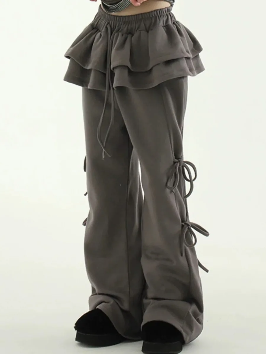 

Chic Four-Season Streetwear Design Ruffle Hem Belted Waist Wide Leg Casual Pants Sweet Sle Regular Thin Other Material...