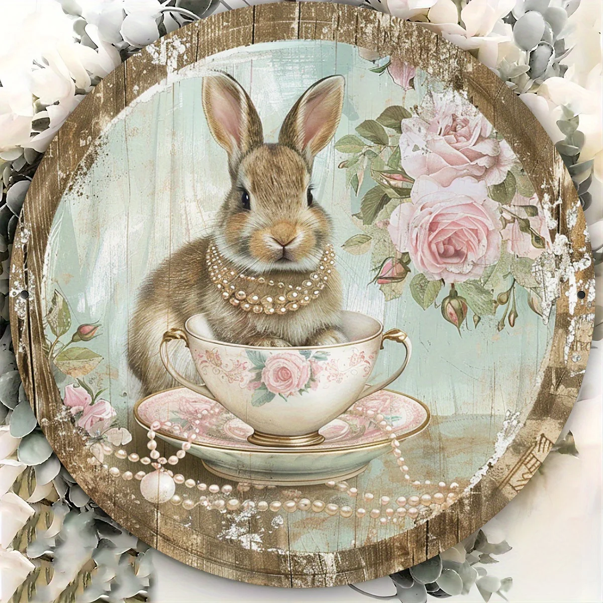 Shabby Chic Rabbit In Teacup Pink Rose Pearl 2D Round Metal Tin Sign 7.87x7.87 Inch Rustic Wood Iron Plaque Farmhouse Wall Decor