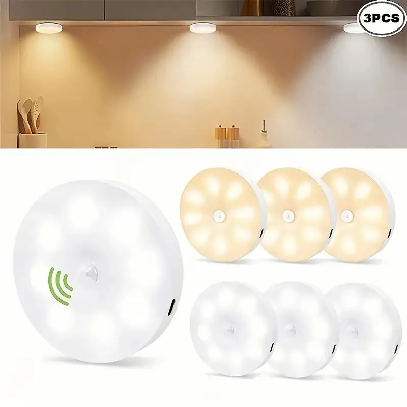 3pcs PIR Motion Sensor LED Night Light USB Rechargeable Lamp For Kitchen Cabinet Wardrobe Lamp Staircase Wireless Closet Light