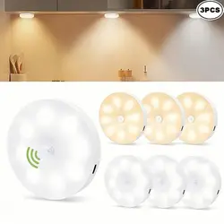 3pcs PIR Motion Sensor LED Night Light USB Rechargeable Lamp For Kitchen Cabinet Wardrobe Lamp Staircase Wireless Closet Light