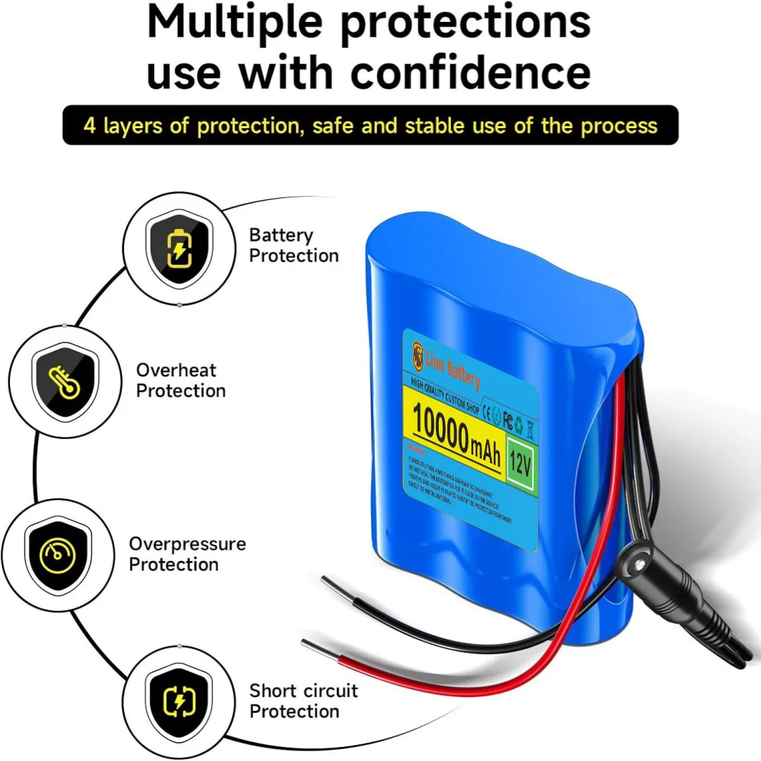 12V 10000mAh 100% New 3S1P Protection Plate 12V 10Ah Battery Pack 18650 Lithium Ion DC 12.6V Super Rechargeable Battery + Charge