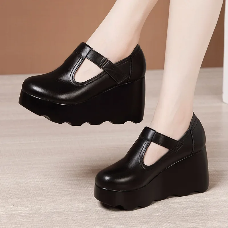 8cm Small Size 32-43 Thick Bottom Shallow Platform Wedges Shoes T Strap Pumps 2024 Fall High Heels Shoes Women Office Mom Dance