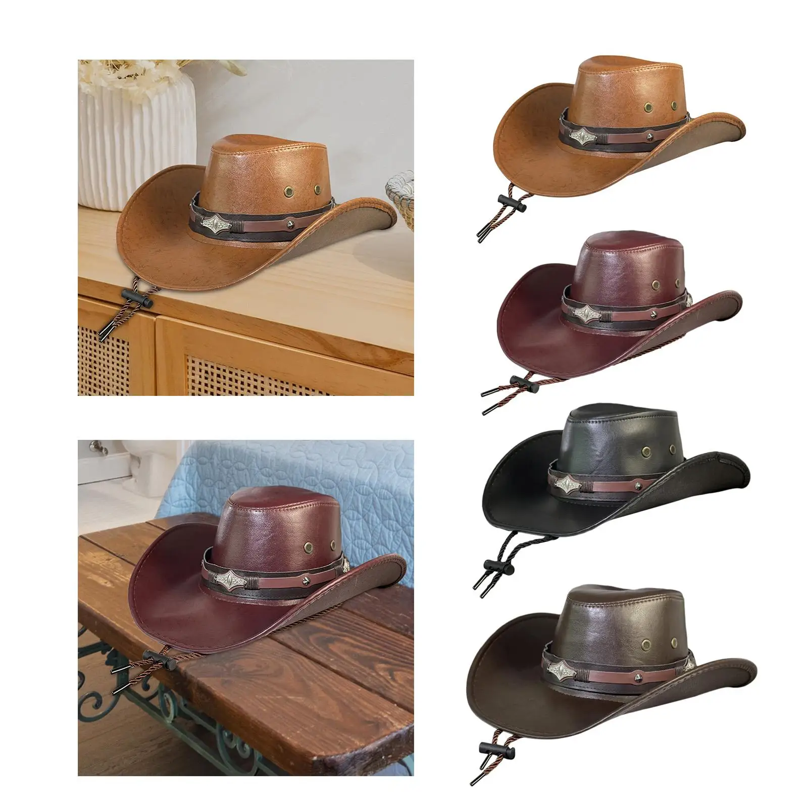 Western Cowboy Hat for Men Women Adults PU Leather Wide Brim Sunhat Costume Accessory Party Fancy Dress Themed Birthday Supplies