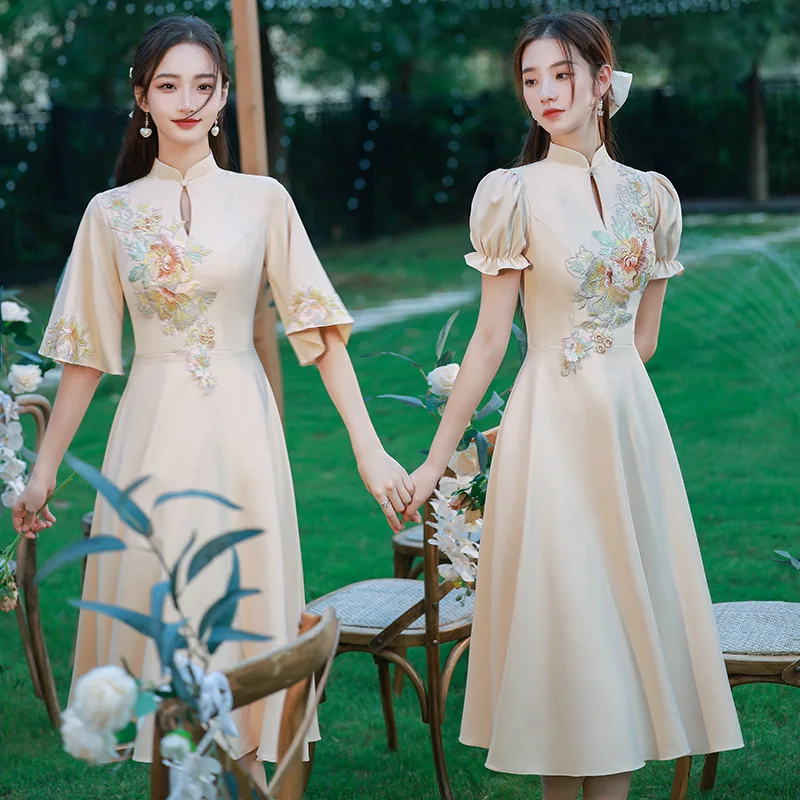 Chinese Style Bridesmaid Dress Spring New Champagne Group Women's Satin High-Grade Daily Wearable