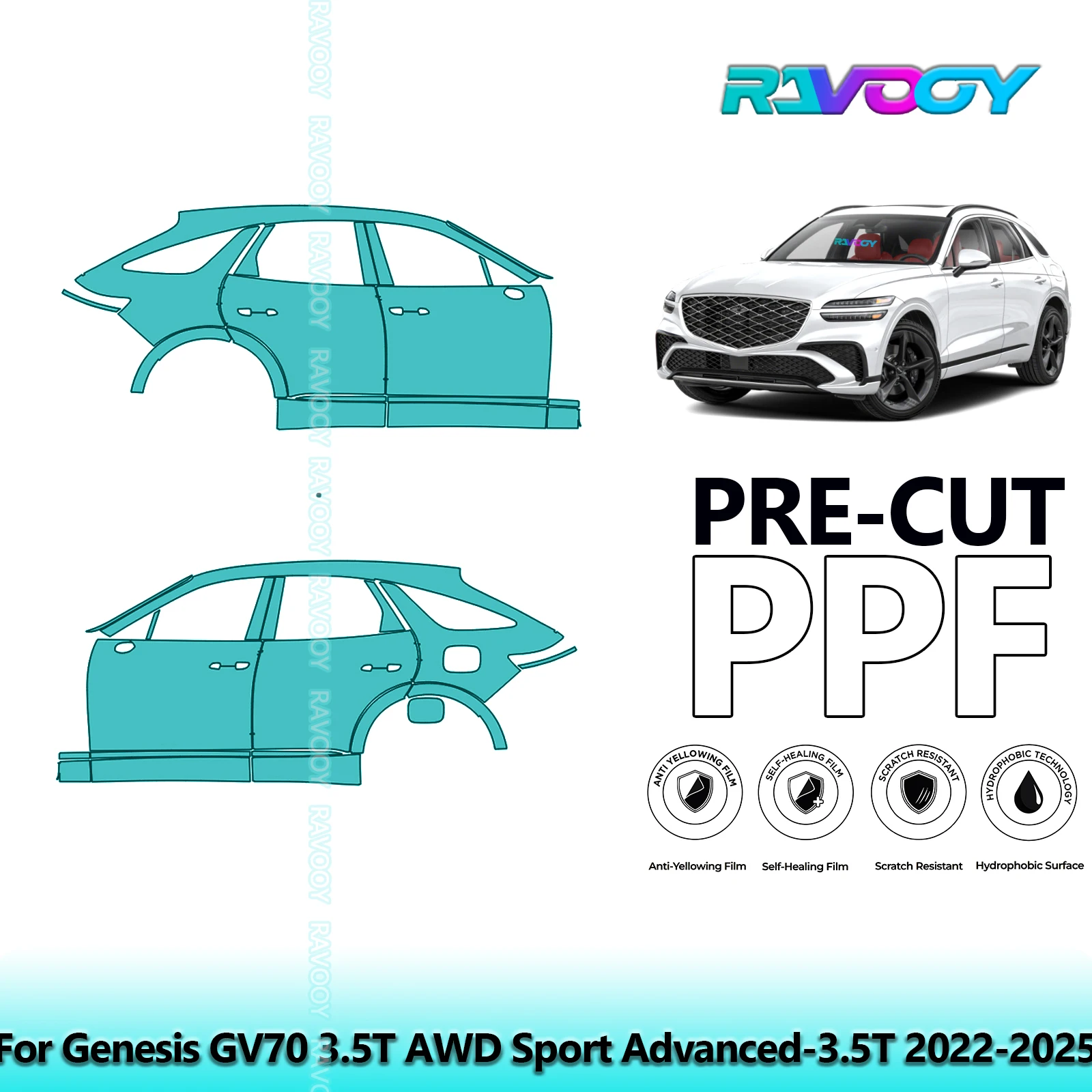 

For Genesis GV70 3.5T AWD Sport Advanced-3.5T 2022-2025 8.5mil Pre-Cut PPF Door & A/B Pillar Kit TPU Paint Protection Film Set