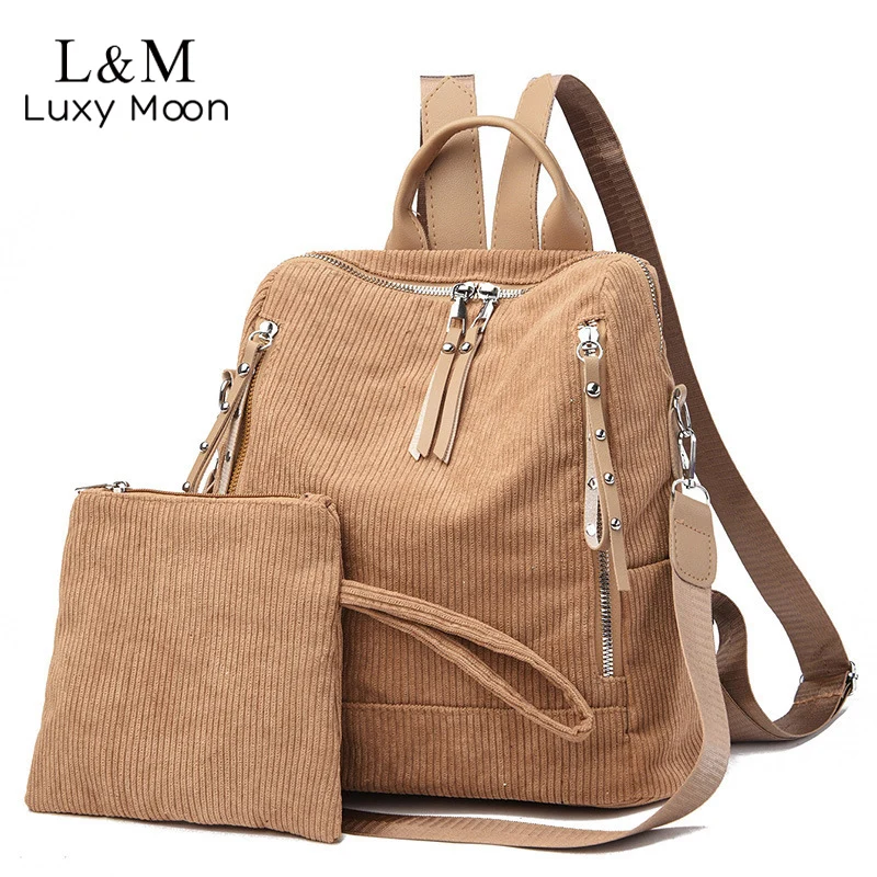 

2pcs/Set Women Corduroy Backpack Winter Vintage Large Multifunctional Shoulder Bag College Girls School Rucksack Daypack XA843H