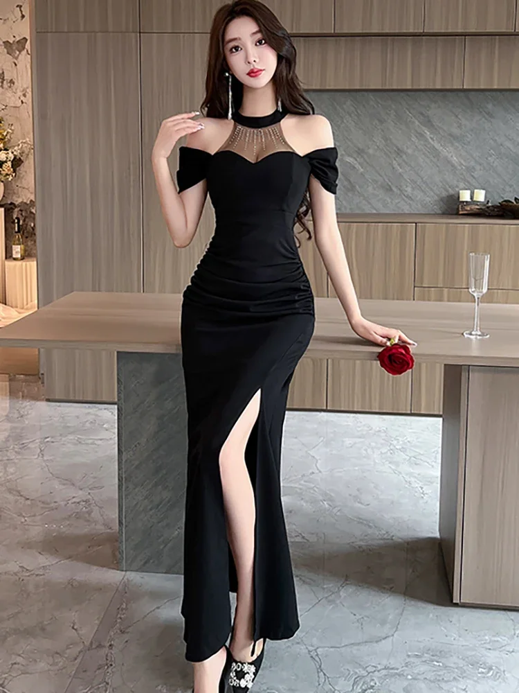 เกาหลีวินเทจหรูหราชุด 2025 Elegant Bodycon Party Dressผู้หญิงสีแดงPatchworkตาข่ายSheer Offไหล่ชุดยาวเซ็กซี่ฤดูร้อน