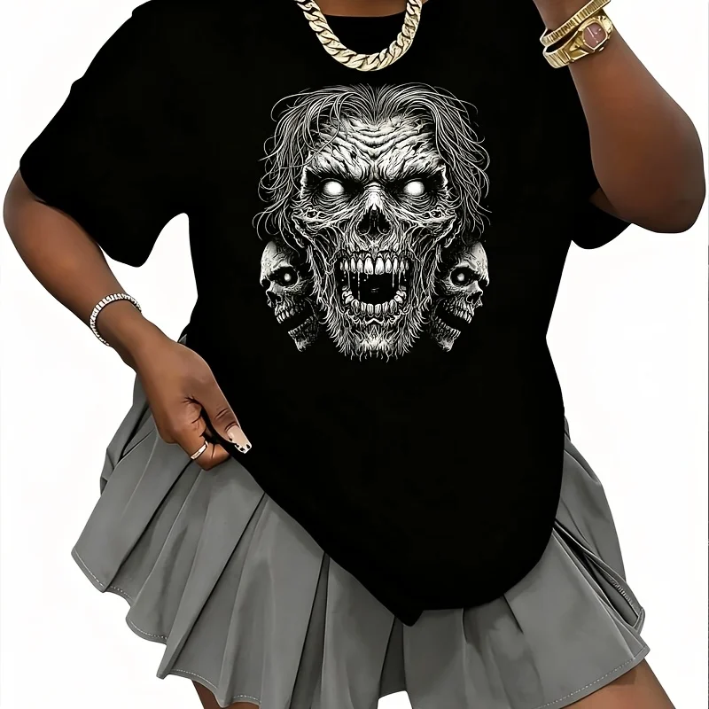 Scary Skull Face Evil Skeleton Halloween Costume Women's 100% Cotton T-Shirt Fun Print Short Sleeve Top Casual Round Neck Tee S-5Xl