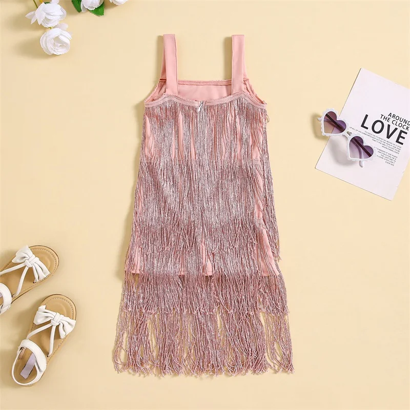 Kids Girls Tassel Sling Dress Summer Sleeveless Tasseled Solid Color Party Dress Dance Dress Clubwear for Children 2-6Years