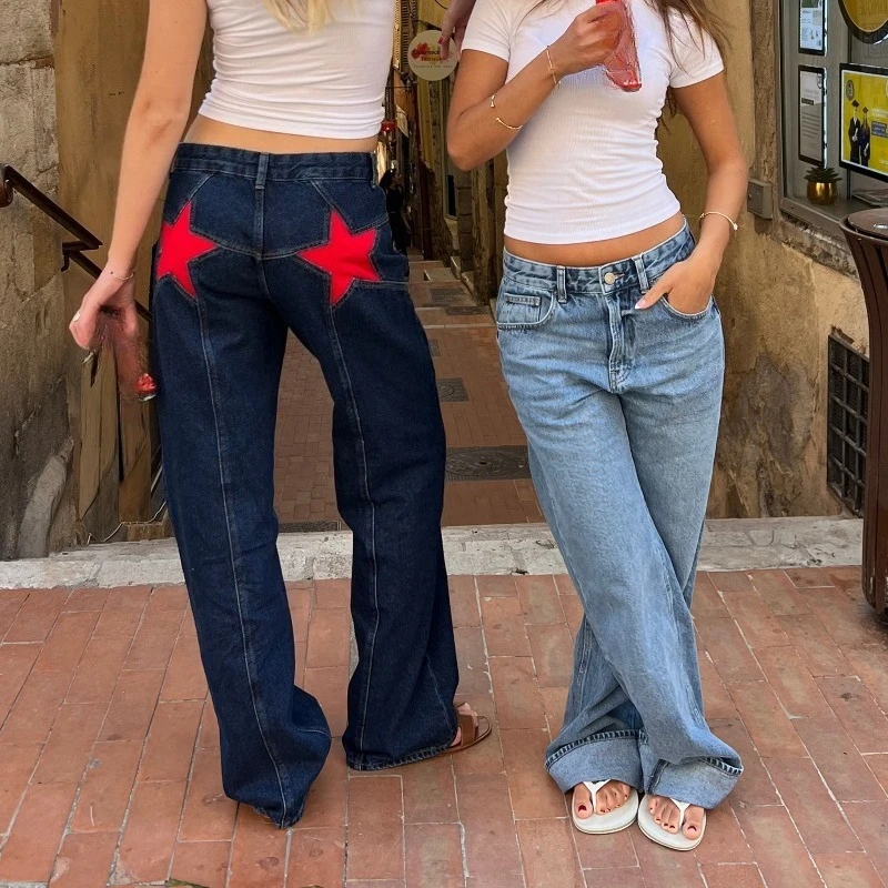 Woman Open Crotch Jeans Pants American Star Spangled Hidden Zipper Wide Leg Jeans Retro Colorful Crotchless Pants for Daily Wear