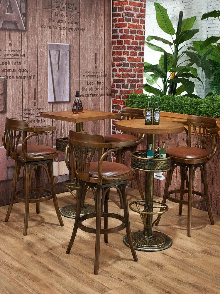 Retro solid wood rotating high bar chair casual cafe bar American bar stool