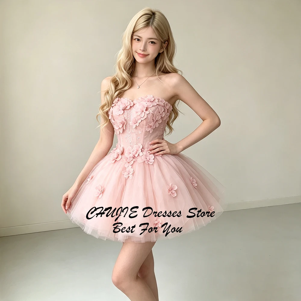 Flowers Soft Pink Homecoming Dresses Mini Back To School Dress Strapless Graduation Dress Evening Prom Party Gowns Customized