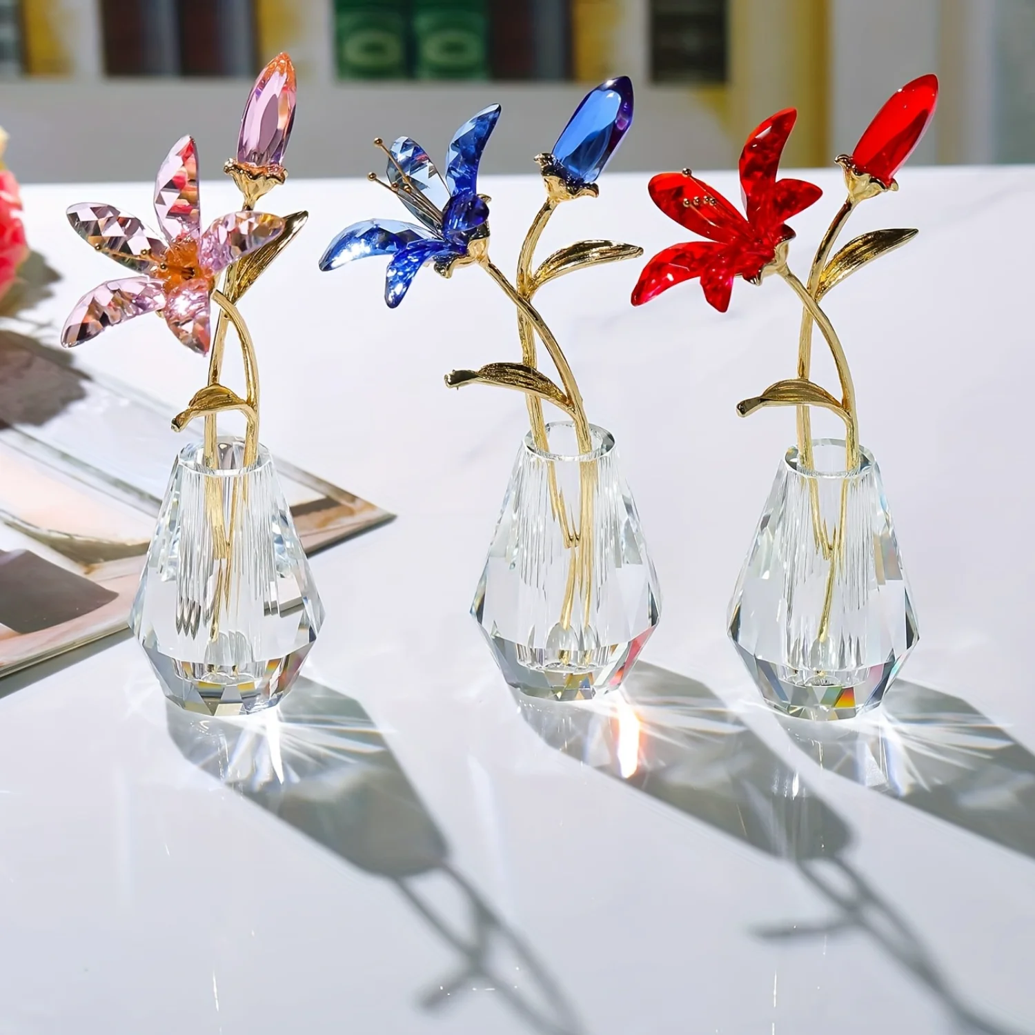 

Handcrafted Crystal Lily Artificial Flowers with Vase - Elegant Faux Flower Gift for Women, Perfect for Weddings, Parties, Festi