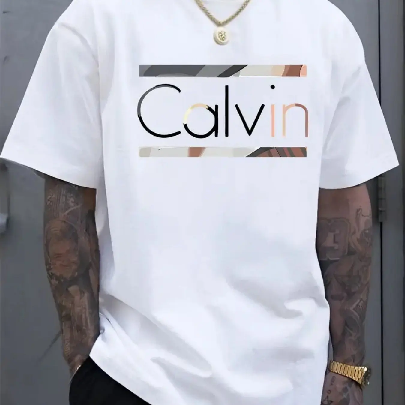 Alphabet pattern printed, men's casual round neck T-shirt, 100% cotton knitted fabric, short-sleeved top for spring and summer.