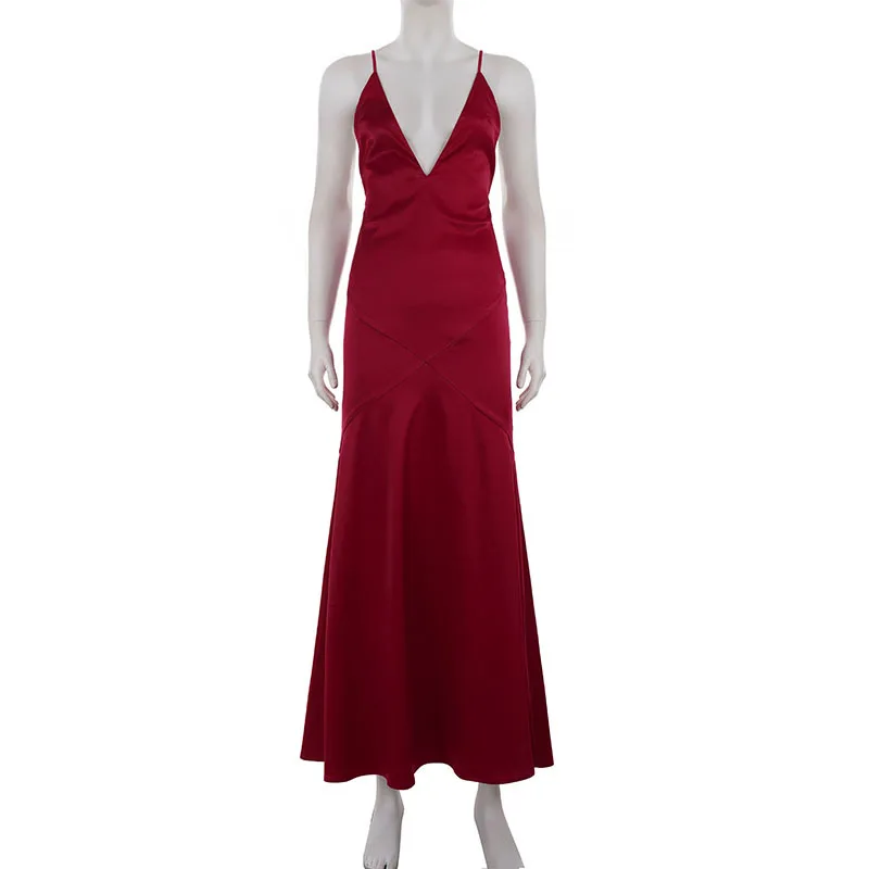 Typhaland Elegantes Satin-Abendkleid für Damen, Bankett, Rot, sexy V-Ausschnitt, Hosenträger, Maxikleid, rückenfrei, Fischschwanzkleid, Damenmode
