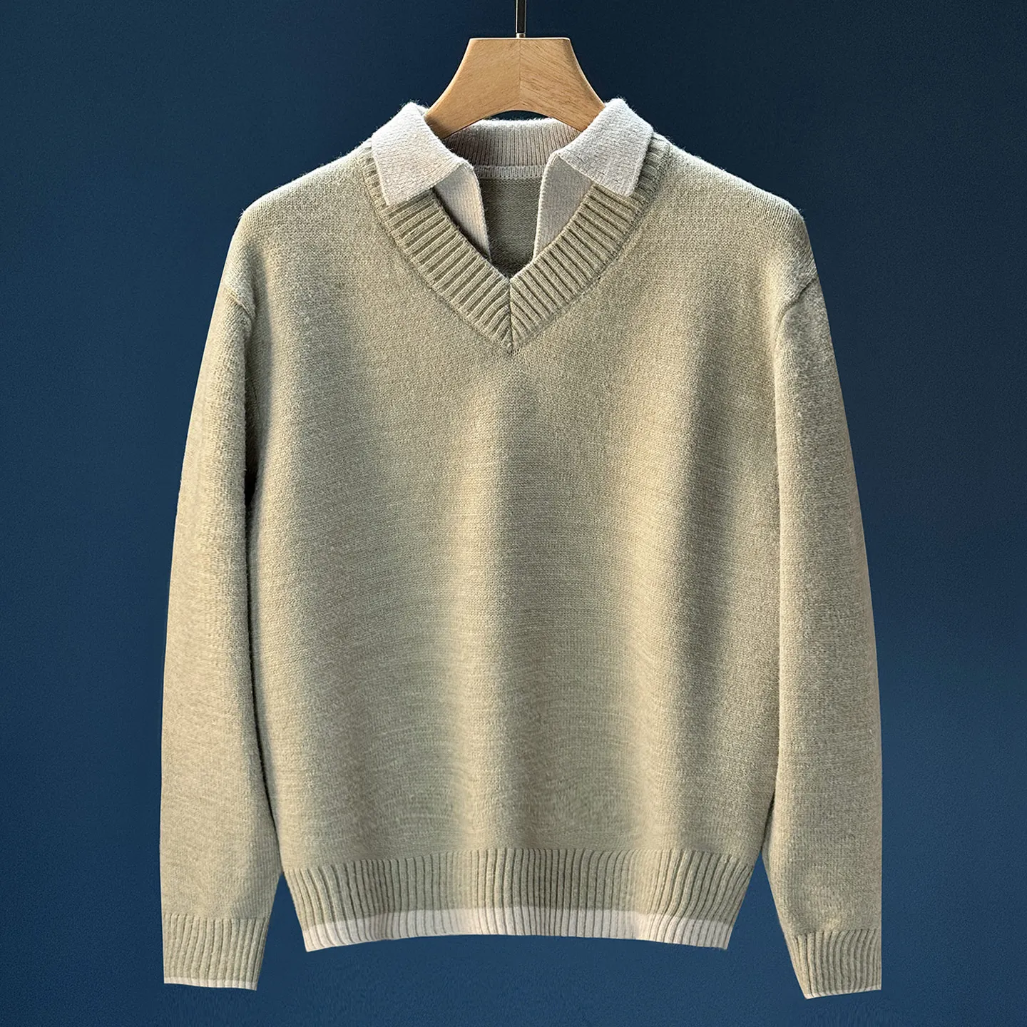 Retro fake two-piece V-neck cashmere sweater men's pure cashmere sweater warm coat
