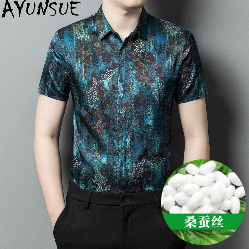 SYUNSUE 90.8% Mulberry Silk Mens Shirt Short Sleeve Shirt Men Summer Shirts for Men One Piece Shirt Mens Clothing Рубашка Летняя