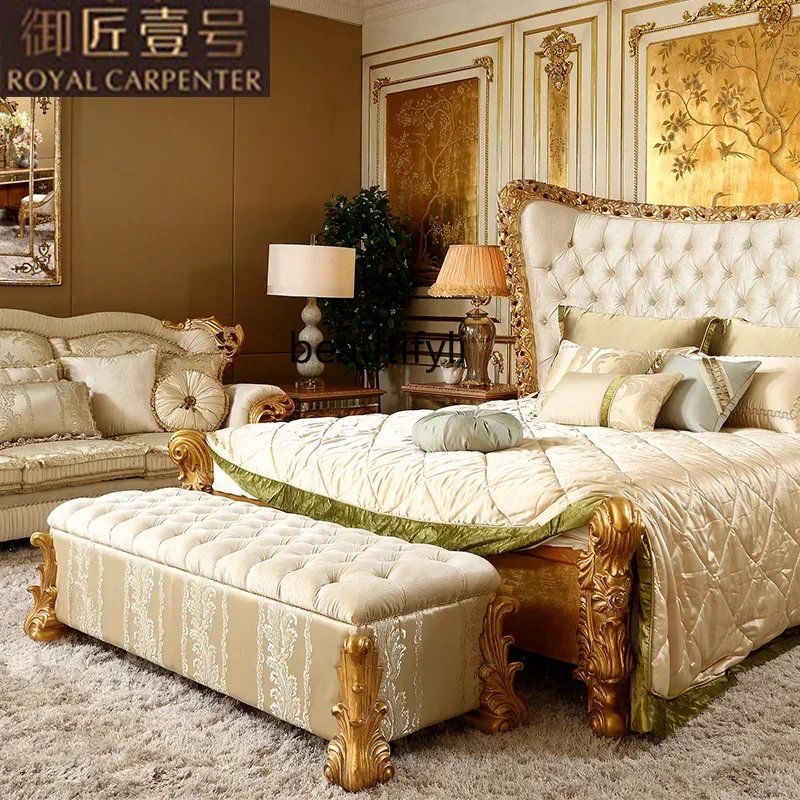 

YH03 European bedroom furniture, solid wood carving flower fabric double seat change, sofa, bedside stool