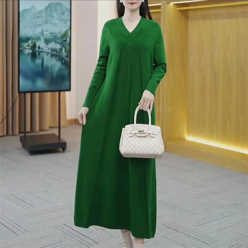 Autumn Winter Women's New Internet Celebrity Loose Slim Knitted Woolen Dress Fashionable Middle aged Long Over Knee Bottom Shirt