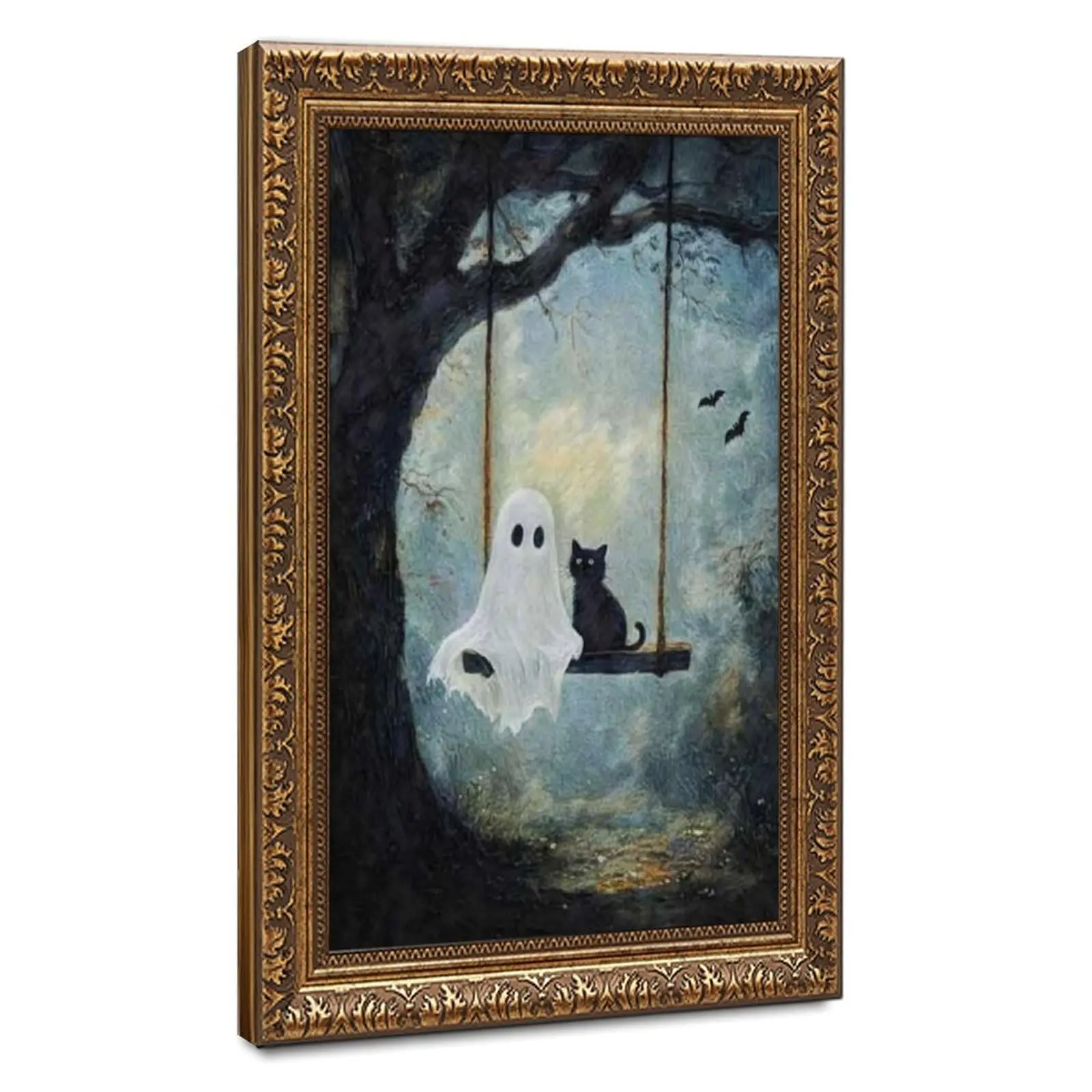 Ghost and Black Cat Swing Wall Art Cute Spooky Halloween Oil ing