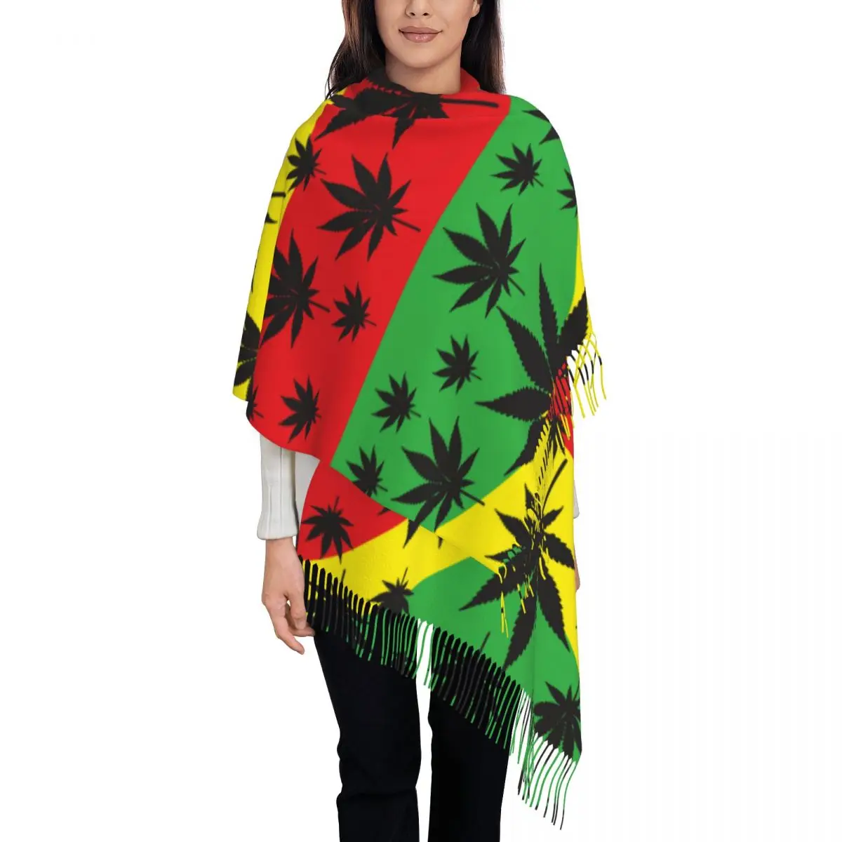 

Rasta Flag With Weed Hip Hop Gorros Women's Pashmina Shawl Wraps Fringe Scarf Long Large Scarf