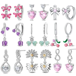 Valentine's Day 925 Sterling Silver Women's Shiny Pink Zircon Bow Spring Bouquet Earrings Suitable Fit Party Exquisite Jewelry