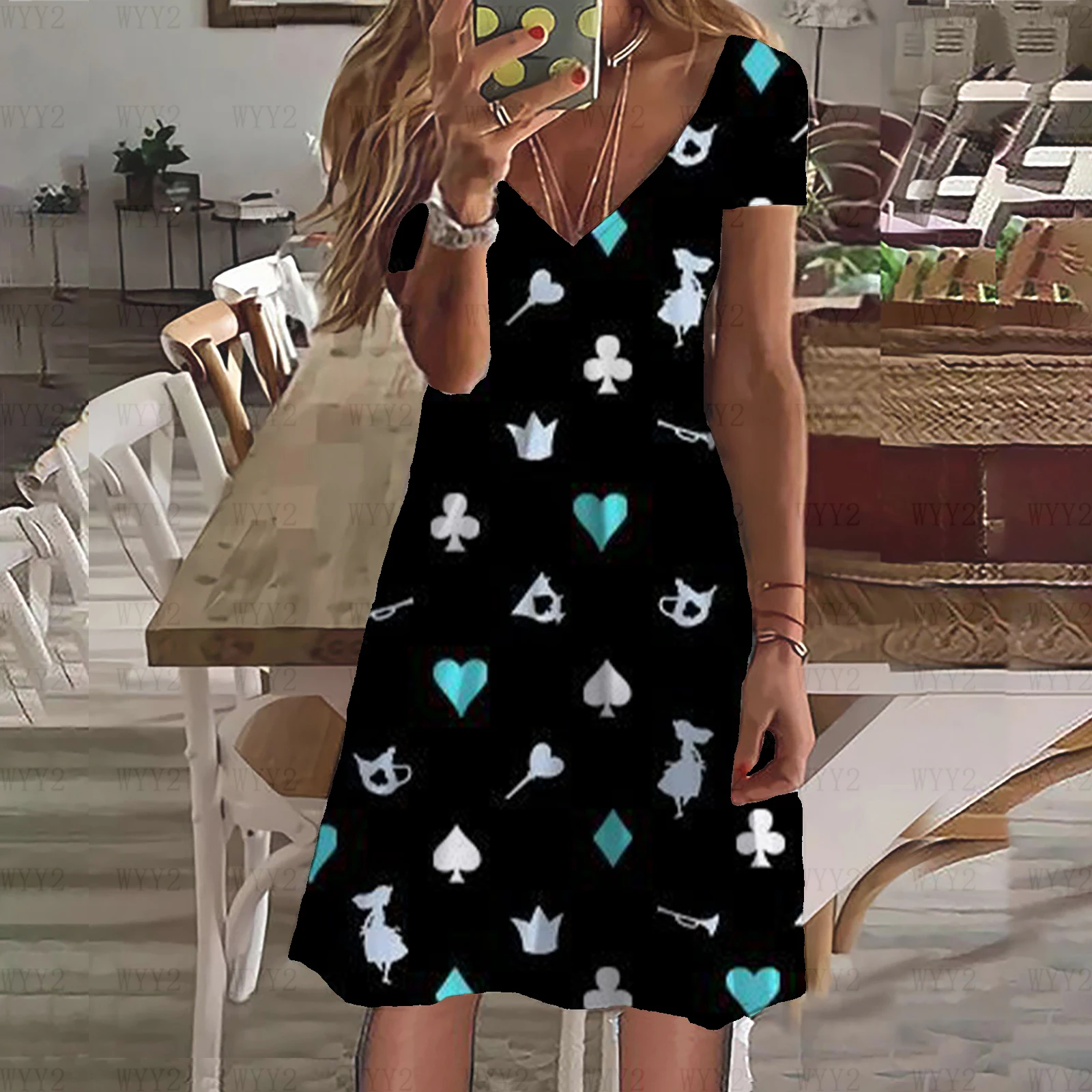 Alice no país das maravilhas padrão dos desenhos animados impressão meninas disney série vestido cintura fina com decote em v saia solta meninas manga curta vestido de praia